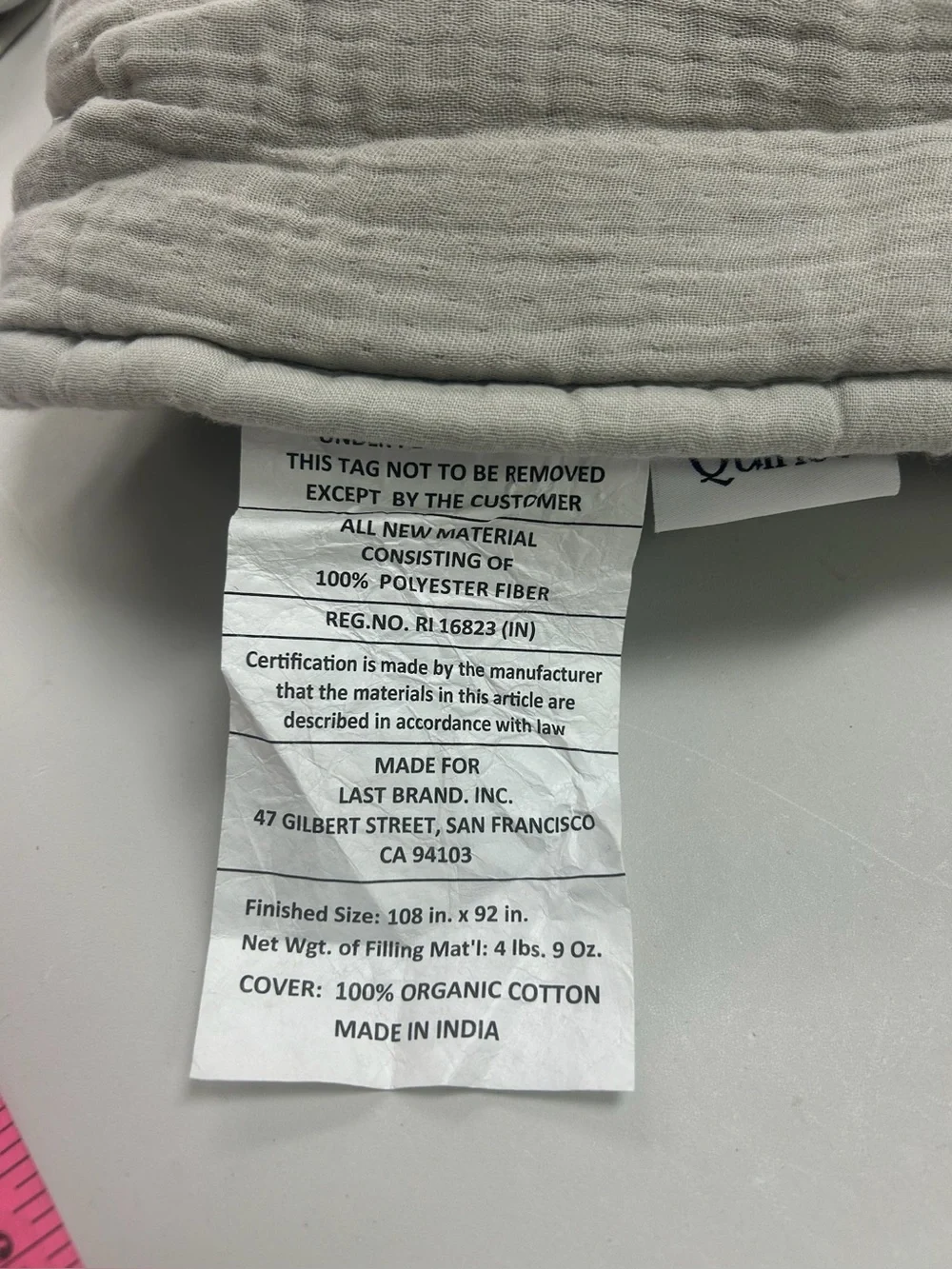 NWOT QUINCE Organic Airy Gauze Dream Quilt King/Cal King Fog Grey 8597